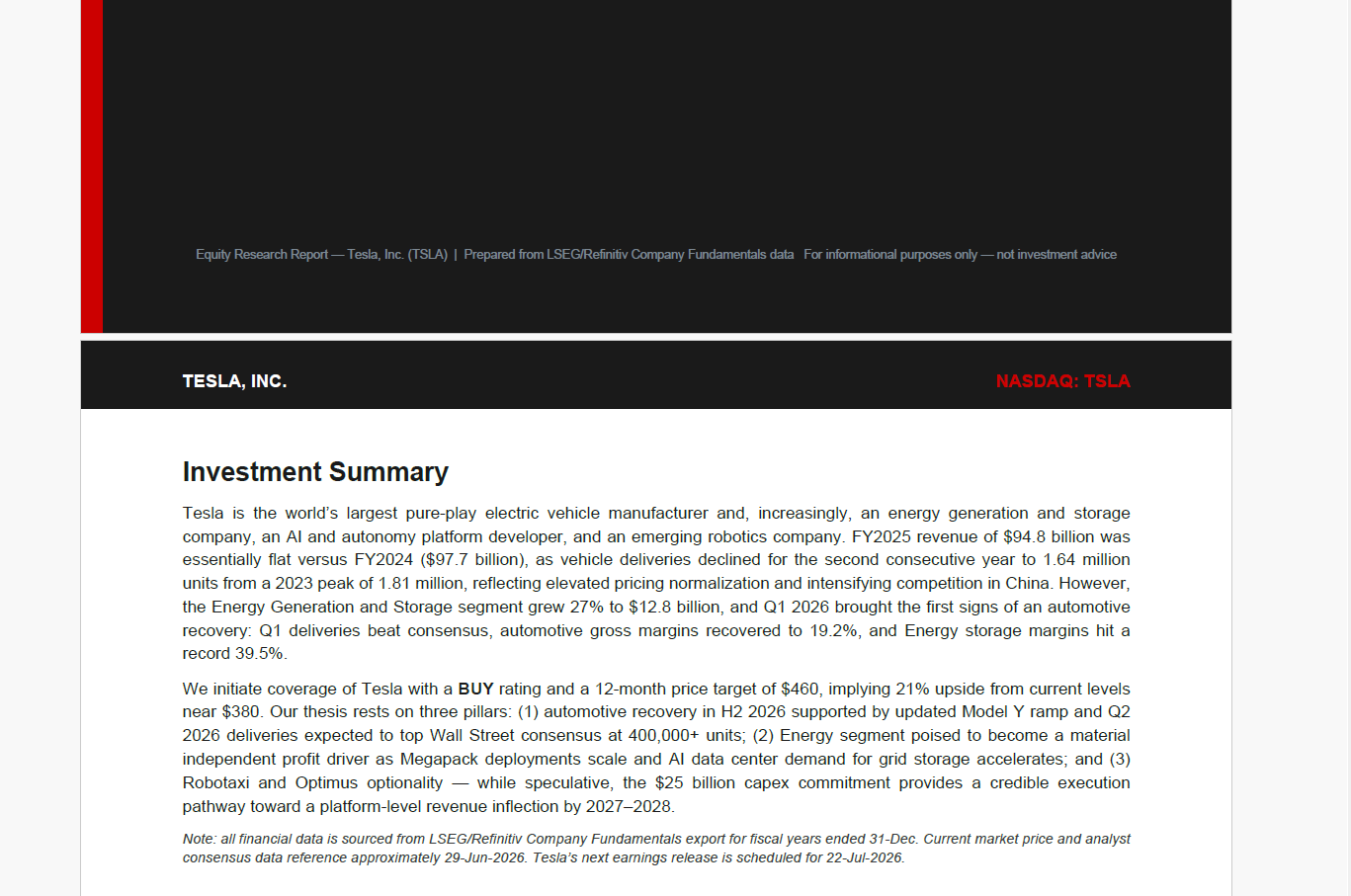 Institutional Research Report — TSLA cover page