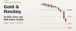 Gold price analysis chart: XAUUSD key levels 4,142, 4,068, 3,987 and 3,941 with Nasdaq 100 below 29,000
