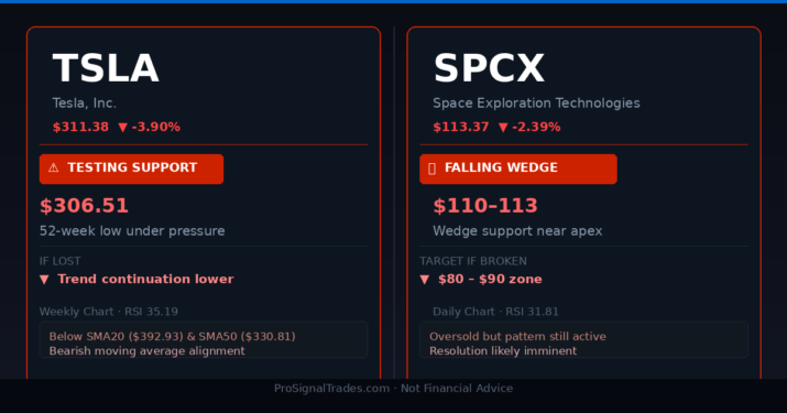 TSLA Tesla SPCX falling wedge bearish continuation July 2026